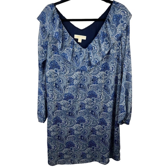 Michael Kors Blue Dress Paisley Ruffle Neck Shift Boho Peasant SZ L Cottagecore - Picture 1 of 8